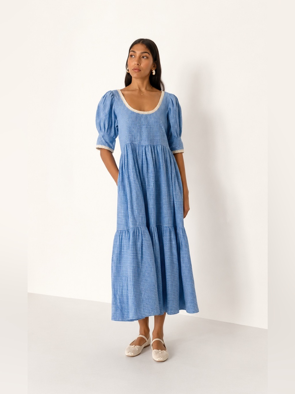 Loeffler Randall Gillian Puff−Sleeve Dress in Blue Gingham | XS - Picture 5 of 16